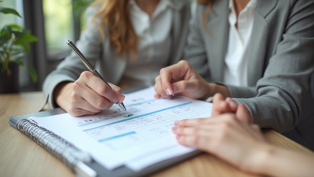 Professionele vrouw die maandbudget controleert op bureau met notitieboekje