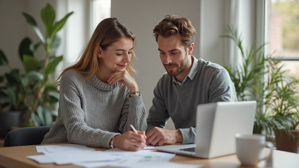 Young couple discussing financial planning with laptop and documents at home