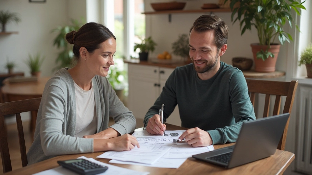 Koppel bespreekt begroting aan huistabel met laptop en papieren