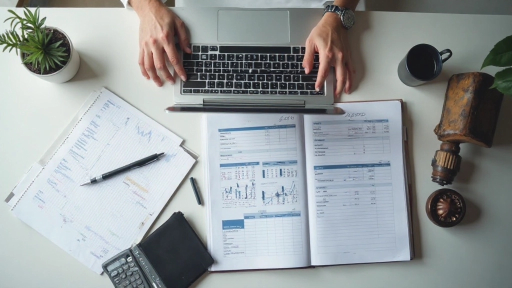 Professioneel werkstation met budget planning materialen, laptop, calculator en aantekeningen