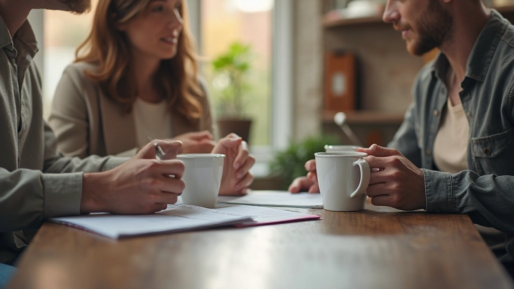 Twee personen hebben financieel gesprek met kopjes koffie en notitieboek