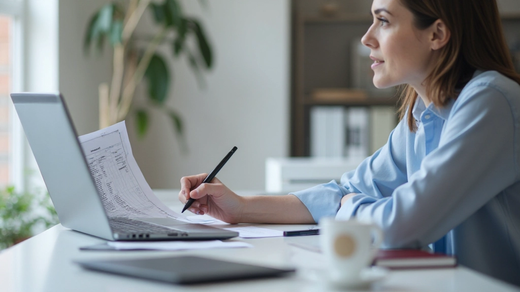 Professional woman reviewing monthly budget spreadsheet at desk with notebook