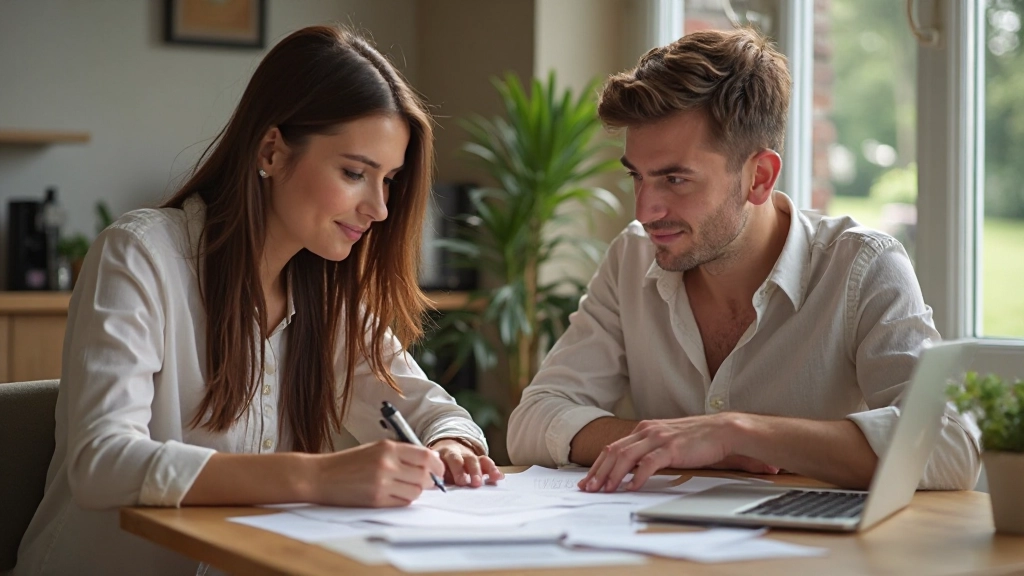 Jonge koppel dat financiële planning bespreekt met laptop en documenten thuis